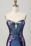 Metallic Blue Purple Strapless Cut Out Corset Tight Cocktail Dress