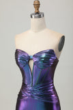 Metallic Blue Purple Strapless Cut Out Corset Tight Cocktail Dress