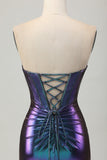 Metallic Blue Purple Strapless Cut Out Corset Tight Cocktail Dress