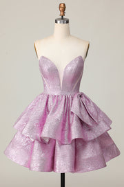 Light Purple A Line Strapless Tiered Short Prom Dress with Bow