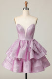 Light Purple A Line Strapless Tiered Short Prom Dress with Bow