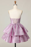 Light Purple A Line Strapless Tiered Short Prom Dress with Bow