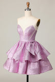 Light Purple A Line Strapless Tiered Short Prom Dress with Bow