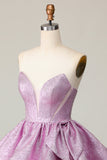 Light Purple A Line Strapless Tiered Short Prom Dress with Bow