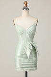 Sage Bodycon Spaghetti Straps Corset Cocktail Dress with Bow