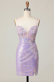 Sparkly Lilac Bodycon Corset Sequins Short Prom Dress with 3D Flowers