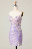 Sparkly Lilac Bodycon Corset Sequins Short Prom Dress with 3D Flowers