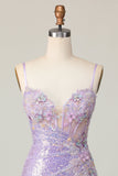 Sparkly Lilac Bodycon Corset Sequins Short Prom Dress with 3D Flowers