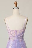 Sparkly Lilac Bodycon Corset Sequins Short Prom Dress with 3D Flowers