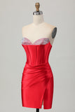 Red Bodycon Strapless Beaded Corset Cocktail Dress with Slit