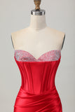 Red Bodycon Strapless Beaded Corset Cocktail Dress with Slit