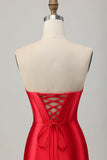 Red Bodycon Strapless Beaded Corset Cocktail Dress with Slit