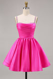 Fuchsia Satin A Line Short Cocktail Dress with Beading