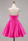 Fuchsia Satin A Line Short Cocktail Dress with Beading