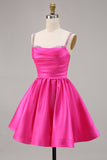 Fuchsia Satin A Line Short Cocktail Dress with Beading