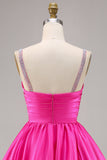 Fuchsia Satin A Line Short Cocktail Dress with Beading