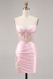 Candy Pink Satin Bodycon Short Corset Cocktail Dress with Applique