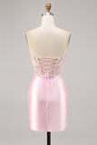 Candy Pink Satin Bodycon Short Corset Cocktail Dress with Applique
