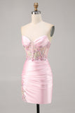 Candy Pink Satin Bodycon Short Corset Cocktail Dress with Applique
