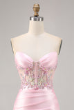 Candy Pink Satin Bodycon Short Corset Cocktail Dress with Applique