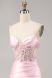Candy Pink Satin Bodycon Short Corset Cocktail Dress with Applique
