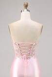 Candy Pink Satin Bodycon Short Corset Cocktail Dress with Applique