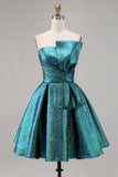 Sparkly Metallic Strapless Peacock Green Ruched A Line Short Prom Dress
