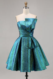 Metallic Ruched Peacock Green Strapless A Line Cocktail Dress