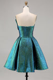 Sparkly Metallic Strapless Peacock Green Ruched A Line Short Prom Dress