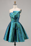Metallic Ruched Peacock Green Strapless A Line Cocktail Dress