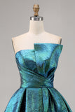 Metallic Ruched Peacock Green Strapless A Line Cocktail Dress