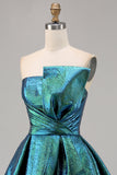 Metallic Ruched Peacock Green Strapless A Line Cocktail Dress