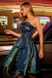 Sparkly Metallic Strapless Peacock Green Ruched A Line Short Prom Dress