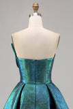 Metallic Ruched Peacock Green Strapless A Line Cocktail Dress