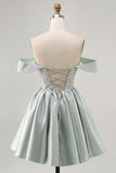 Light Green A-Line Off The Shoulder Corset Short Prom Dress with Beading