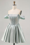 Light Green A-Line Off The Shoulder Corset Short Prom Dress with Beading