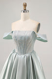 Light Green A-Line Off The Shoulder Corset Short Prom Dress with Beading