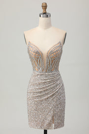 Silver Strapless Bodycon Sequins Cocktail Dress with Slit