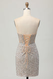 Sparkly Silver Bodycon Strapless Sequins Cocktail Dress with Slit