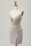 Silver Strapless Bodycon Sequins Cocktail Dress with Slit