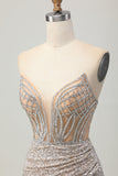 Silver Strapless Bodycon Sequins Cocktail Dress with Slit