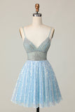 Sparkly Light Blue V Neck Sequin A Line Short Prom Dress