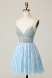 Sparkly Light Blue V Neck Sequin A Line Short Prom Dress