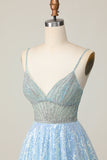 Sparkly Light Blue V Neck Sequin A Line Short Prom Dress