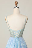 Sparkly Light Blue V Neck Sequin A Line Short Prom Dress
