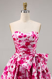 Floral Fuchsia Strapless A Line Cocktail Dress with Bow