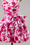 Floral Fuchsia Strapless A Line Cocktail Dress with Bow