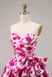 Floral Fuchsia Strapless A Line Cocktail Dress with Bow