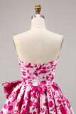 Floral Fuchsia Strapless A Line Cocktail Dress with Bow