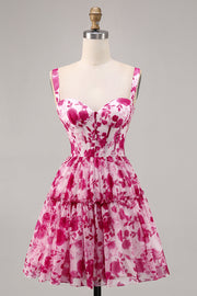 Floral Fuchsia Corset Printed A Line Short Prom Dress